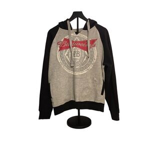 Budweiser Raglan Hoodie Gray Black Logo Graphic Pullover Sweatshirt Mens L